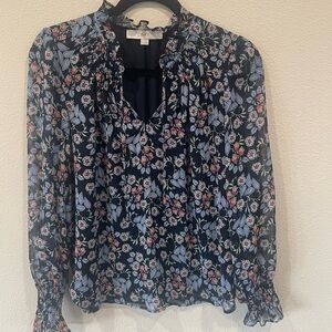 LOFT Floral Long Sleeve Ruffle Neck Blouse